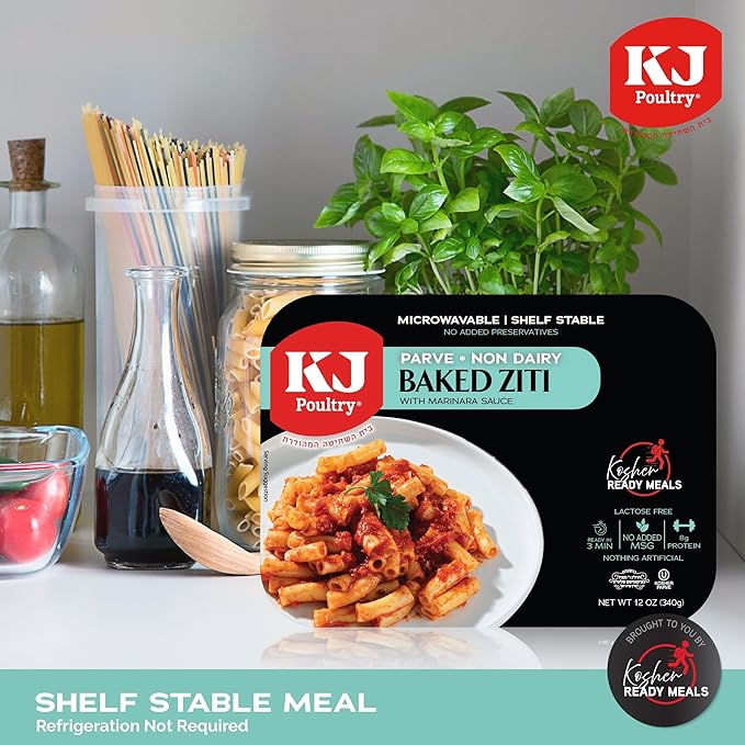 KJ Poultry Kosher Parve Ready Meals - Baked Ziti, MRE Meals Ready to Eat, Halal, (12 Pack) Prepared Entree Fully Cooked, Shelf Stable Microwave Dinner Travel, Military, Camping, Emergency Survival
