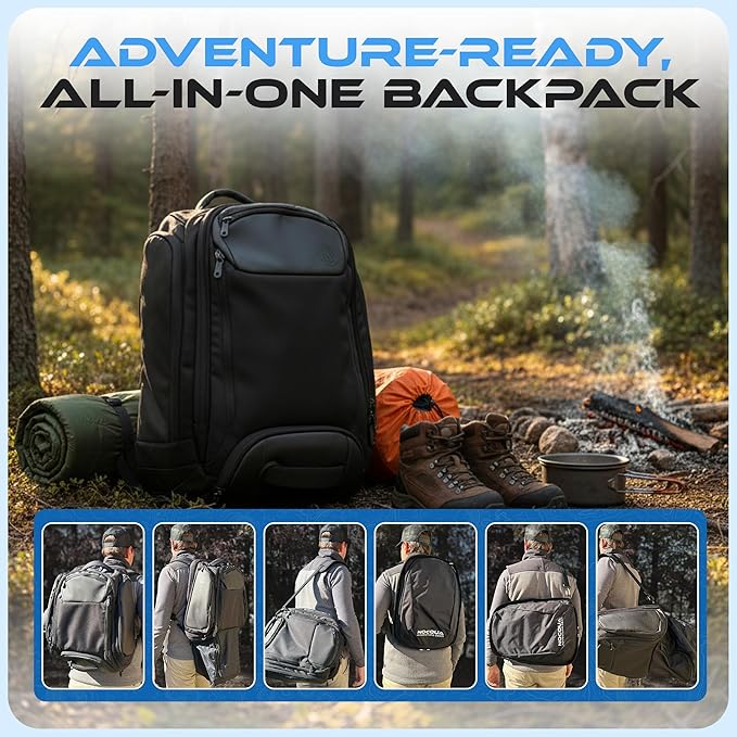 6-in-1 Traveler Backpack – Convertible Carry-On Travel Bag, Expandable 40–55L Storage, Ergonomic Design with Drink Holders & Padded Laptop Pocket, Weather-Resistant Ballistic Nylon, Black