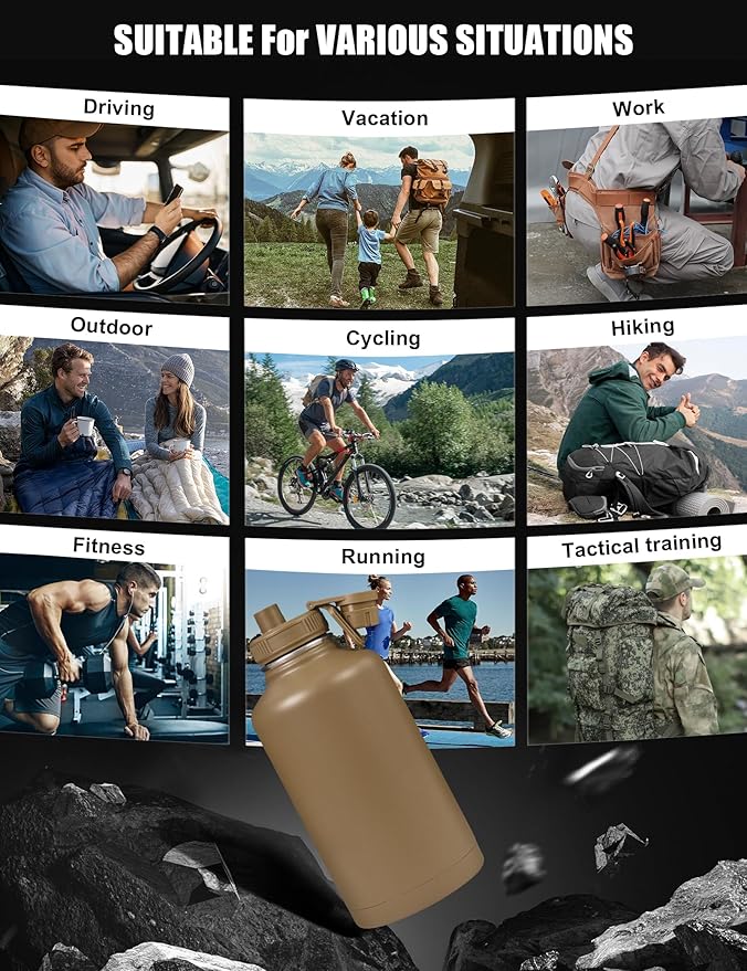 Tactical Half Gallon Water Bottle with Straw, 64 oz Insulated Water Jug with Molle Sleeve, Stainless Steel Sport Bottle with 3 BPA Free Lids for Gym Workout Hiking (Brown, 64OZ)