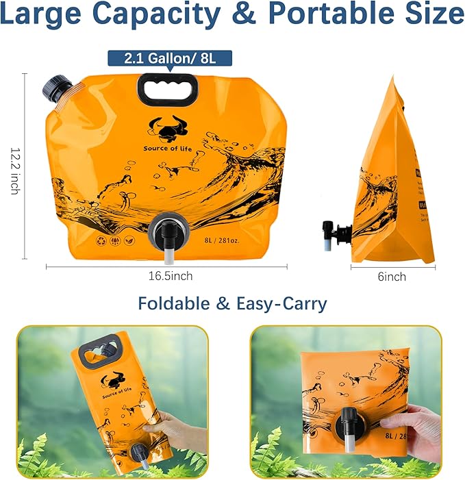 Camping Water Jug 2.1 Gallon CollapsibleWater Container Portable Water Bag for TravelOutdoor Hiking BPA Free Lightweight (Orange (2.1 Gal), 1)
