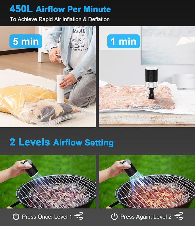 LIBERRWAY Electric Air Pump for Inflatables - Rechargeable Tiny Pump - Cordless Portable Air Pump with Camping Lantern, Quick-Fill Air Mattress Pump for Camping, Pool Floats