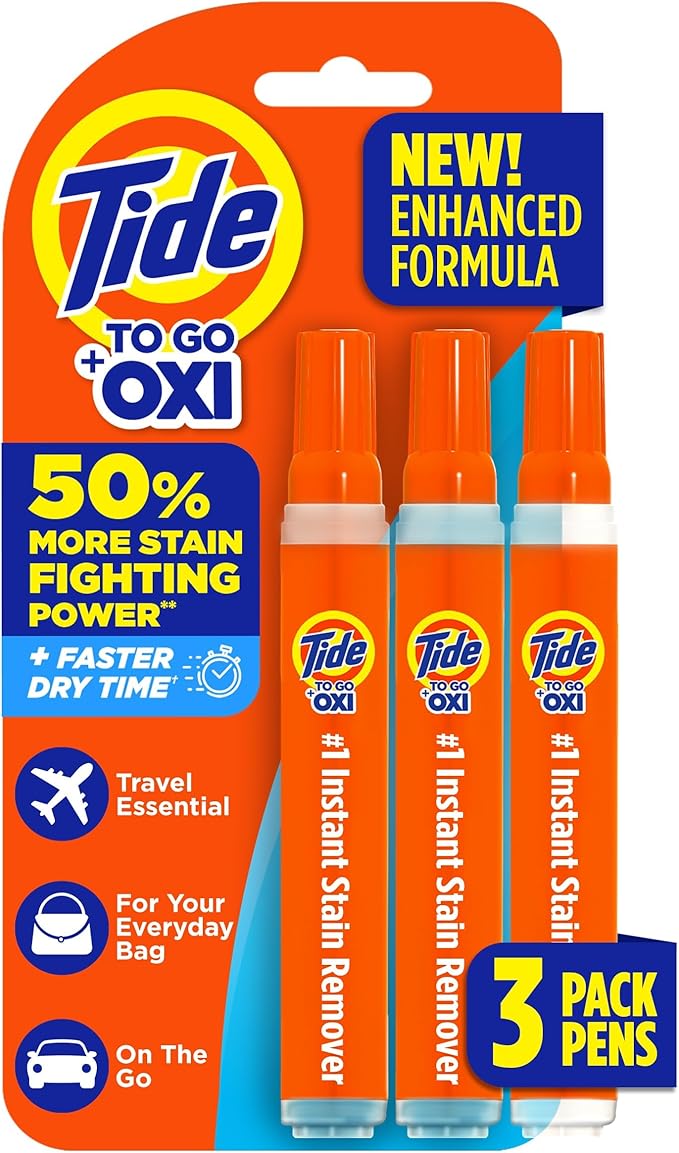 Tide Stain Remover for Clothes, Tide To Go Pen, Instant Stain Remover Pen & Spot Cleaner, Portable & Travel-Friendly, Works on Food & Drink Stains, Fits in Purses & Bags, 3 Count (Pack of 1)