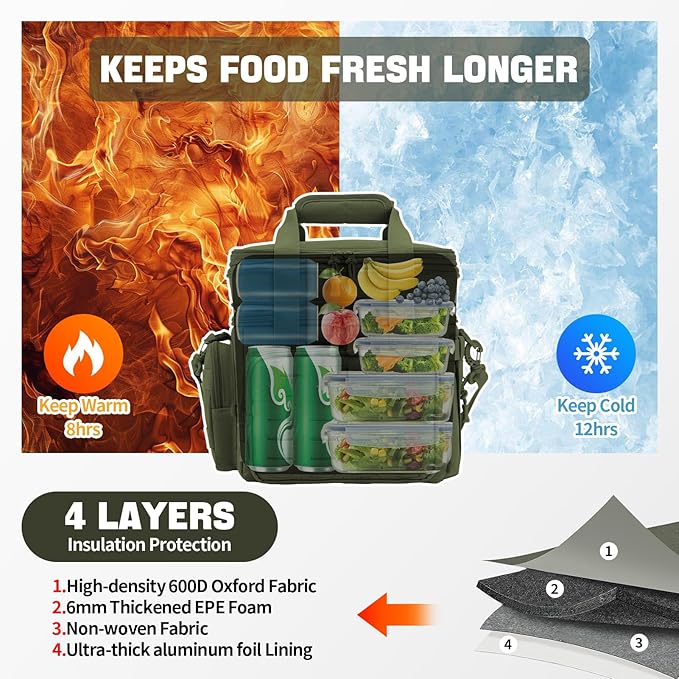 QT&QY Tactical Lunch Box for Men Expandable 18L Heavy Duty Military Insulated Cooler Bag, Leakproof Thermal Lunch Bag for Work Camping Outdoor Picnic Pail Adult Meal MOLLE Webbing Green