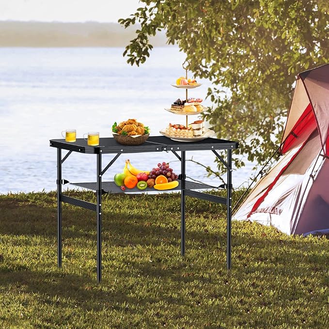 Folding Camping Table, 36" x 24" Portable Table Adjustable Height Max 28 inch Aluminum Folding Table with Storage Net, Lightweight, Portable Handle for Travel, Outdoor, Backyard (Black)