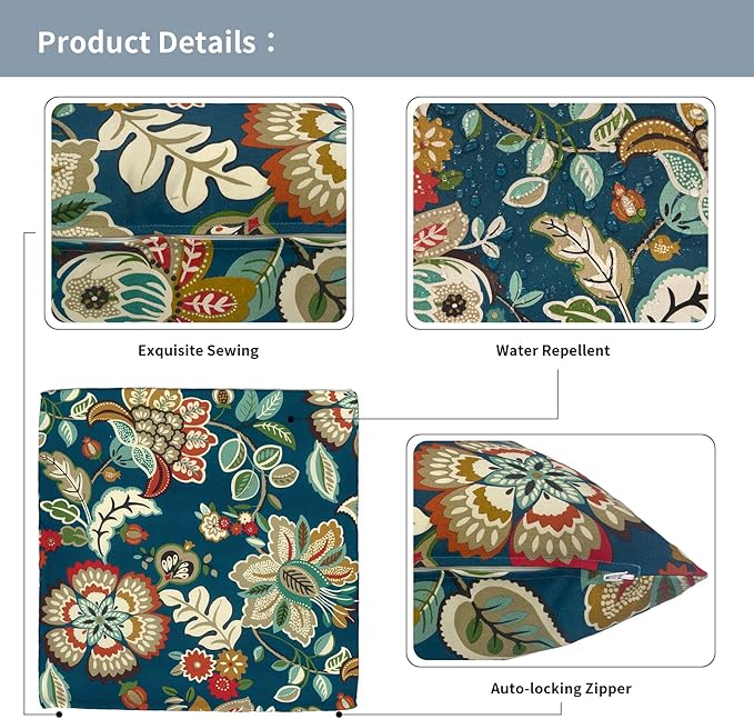 Outdoor Throw Pillow Covers 18”x18”, Decorative Pillow Covers for Patio Furniture, Modern Cushion Cases for Garden Couch Home Sofa Bed Office Chair, Pack of 2,Peacock Blue