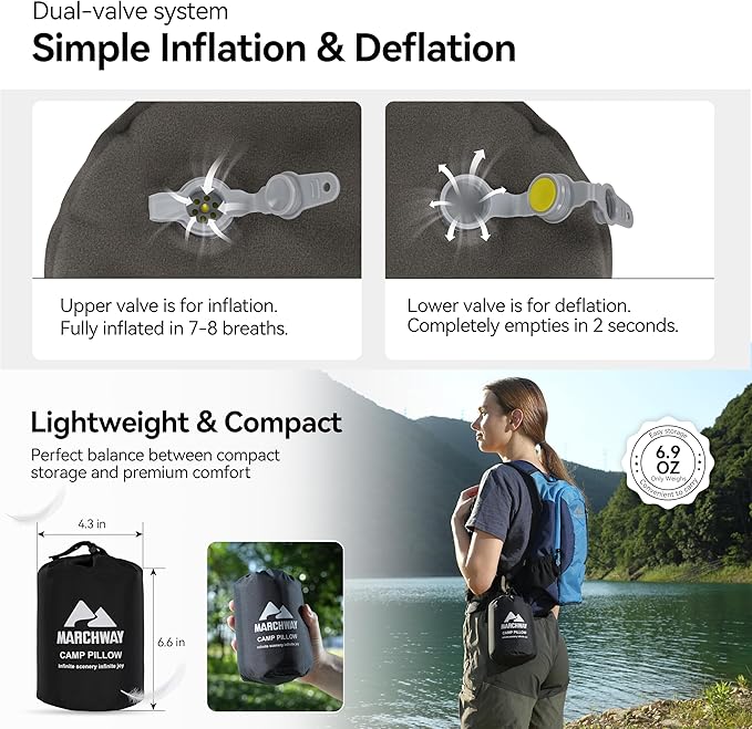 MARCHWAY Inflatable Camping Pillow with Soft Foam Top & TPU Air Bladder, Dual-Sided Support for All-Season, Lightweight Compact Travel Pillow for Hiking, Backpacking, Airplane, Car (Grey)