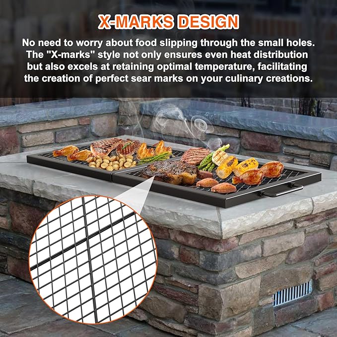only fire Foldable X-Marks Fire Pit Cooking Grate, Portable Rectangle Campfire Grill Grate with Handles, Heavy Duty Steel Campfire BBQ Grill for Outdoor, 36 inch