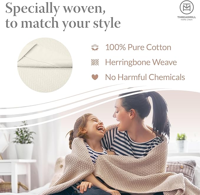 Threadmill Luxury Cotton Blankets for Twin Size Bed | All-Season 100% Cotton Twin Blanket for Bed | Herringbone Soft & Cozy Fall Thermal Blanket, 350GSM, 68x92 inches | Tusk White