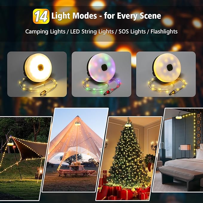 Camping String Lights 33ft, 4 in 1 Rechargeable 100 LED Outdoor Tent String Lights with 14 Lighting Modes Remote Control Waterproof with Timer Function for Camping Gear Essentials Hiking Yard Garden