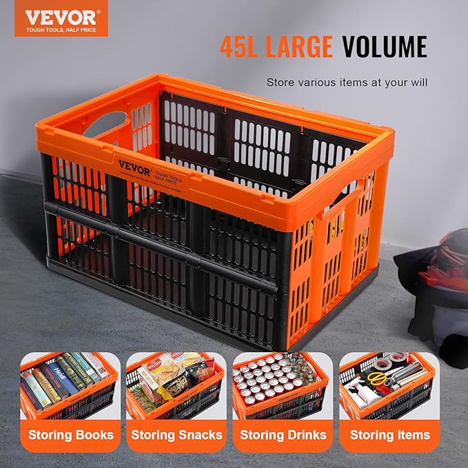 VEVOR 45L Collapsible Milk Crates 3 Packs, Stackable Storage Baskets with Handles, Folding Storage Containers for Organizing Tools, Books, Food, Drinks, Camping & Transport