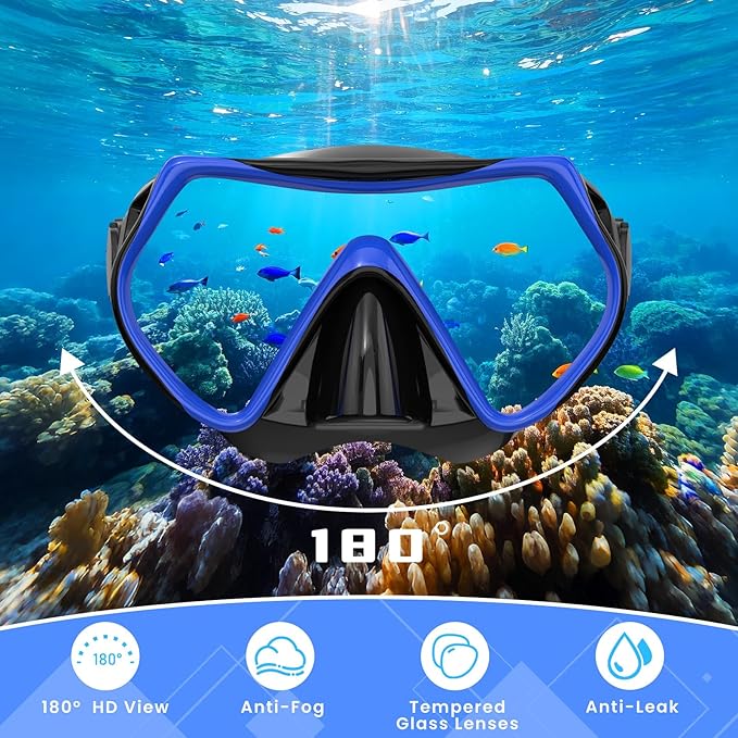 Snorkeling Gear for Adults, Adult Snorkel Mask Set Scuba Diving Dry-Top, Swimming Goggles w/Nose Cover, HD Tempered Glass Panoramic Anti-Leak Anti-Fog, Travel Snorkeling Packages Storage Bag, 2 Pack
