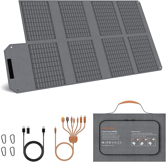 80W Foldable Solar Panel, Portable Solar Charger with 4 Ports (DC/USB-C/2xUSB-A) & 7-in-1 Connector, Waterproof & 23% High Efficiency for Camping RV, Compatible with Power Stations Phones