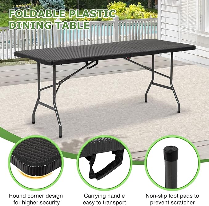 BestOffice Outdoor Folding Camping Table Plastic Table Portable Square Height Dining Table Perfect for Picnics,Parties,Party and Camping,Black Ratten