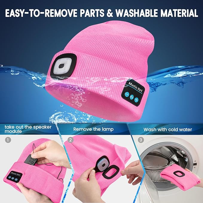 Bluetooth Beanie Hat with Light, USB Rechargeable LED Headlamp with Wireless Headphones, Gifts for Men, Him, Husband, Boyfriend, Dad Gifts for Dad, Husband, Father, Pink