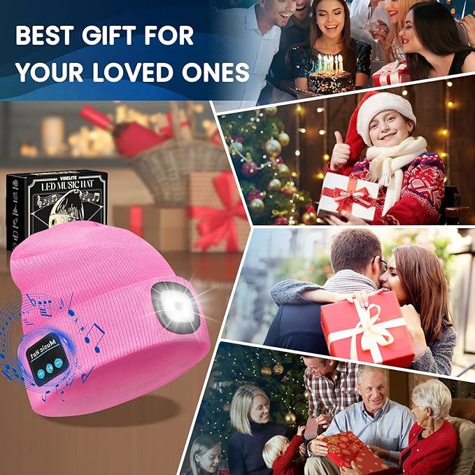 Bluetooth Beanie Hat with Light, USB Rechargeable LED Headlamp with Wireless Headphones, Gifts for Men, Him, Husband, Boyfriend, Dad Gifts for Dad, Husband, Father, Pink