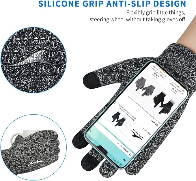 Achiou Winter Gloves for Men Women, 2 Pairs Touch Screen Texting Warm Running Gloves Thermal Soft Knit Lining, Elastic Cuff