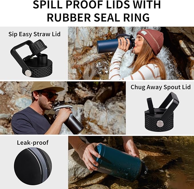 Insulated Water Bottle 40oz,Triple Wall Vacuum Stainless Steel(Dishwasher Safe),Leak Proof & Non-BPA,Flask Jug with Paracord Handle & Straw Spout Lids Sports Sakura