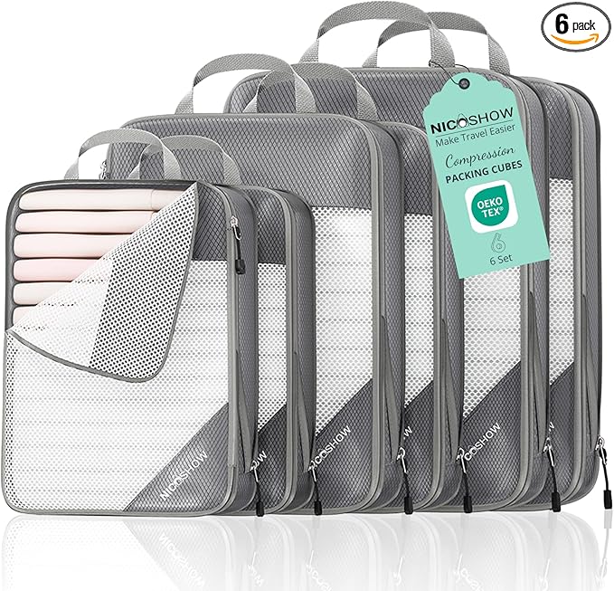 6 Set Compression Packing Cubes for Travel - Compressible, Lightweight, and Space-Saving Packing Cubes, Travel Essentials for Women, Grey