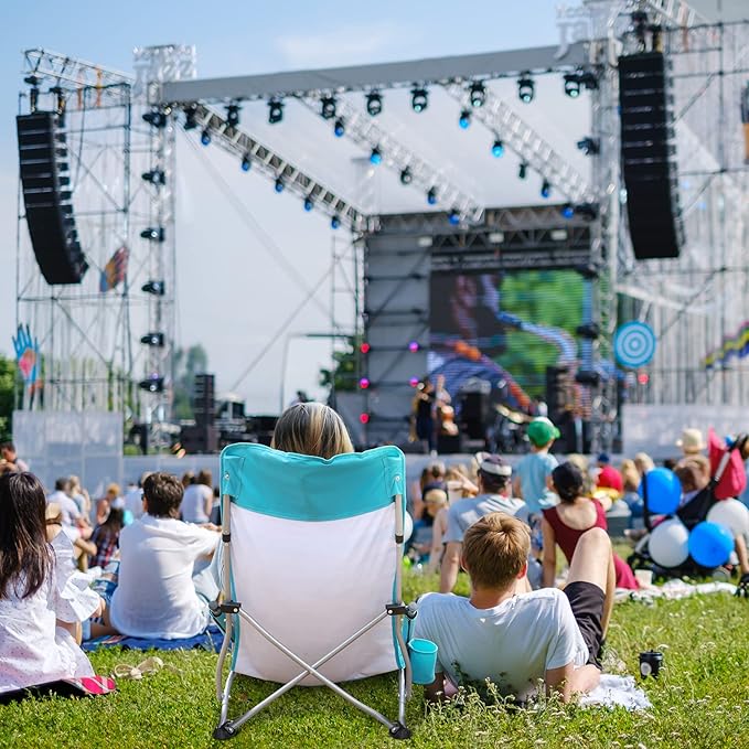VILLEY Low Beach Chair, High Back Folding Chair for Adults, Lightweight and Portable for Outdoor, Camping, Lawn, Music Festival, with Cup Holder and Carry Bag - Blue Stripes