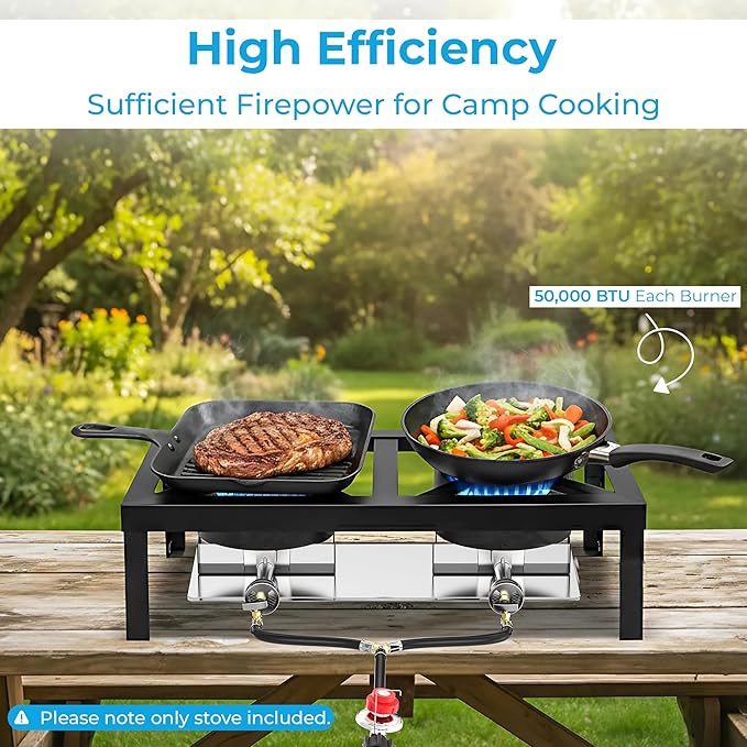 Tabletop Double Burner Camp Stove - 100,000 BTU Portable Propane Gas Cooker with CSA Regulator - Heavy-Duty Steel Frame for Camping, BBQ & Outdoor Cooking