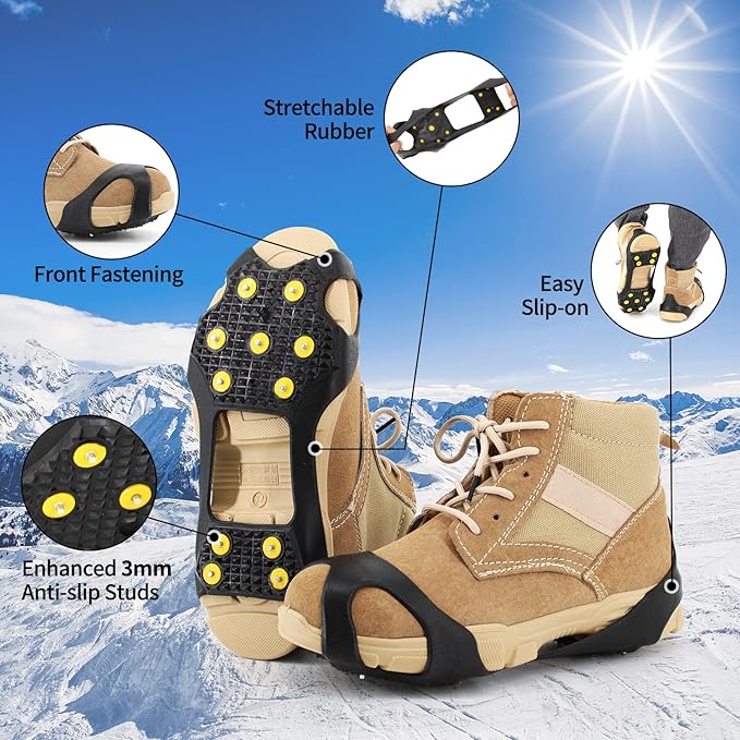 Non-Slip Ice Cleats Snow Grips, Strong Traction Crampons 11 Steel Studs, for Shoes and Boots, Snow Ice Walking