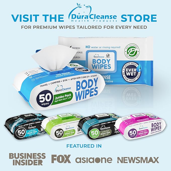 Dura Cleanse Body Wipes for Adults Bathing No Rinse (2 Pack) 100 XL Shower Wipes + 8 Travel Bath Sheets - 9" x 12" Extra Thick Waterless Adult Disposable Washcloths for Camping, Elderly Incontinence