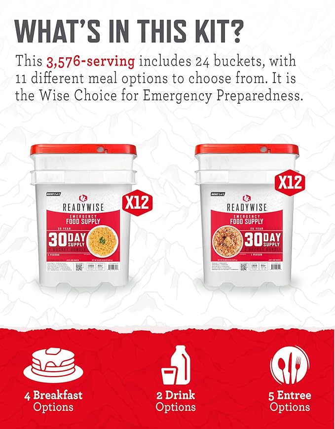 ReadyWise 1 Year Emergency Food Supply - 3,576 Servings, 24 Buckets, Freeze Dried Protein Meals, Disaster Survival Food Storage, Ready to Eat, Camping Essentials, up to 25 Year Shelf Life