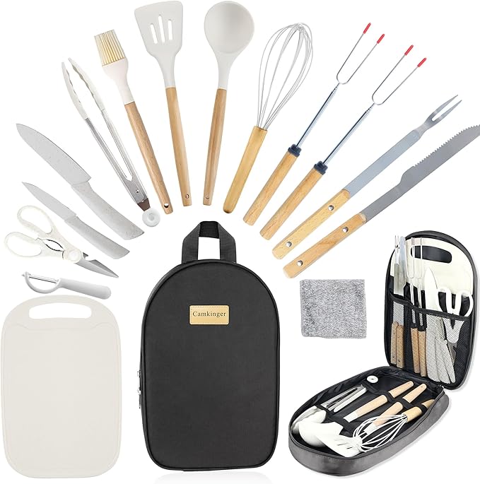 Camping Accessories Kitchen Cooking Utensils Set - Portable Outdoor Camp Cookware Set, Silicone Camper Essentials Gear Must Have Supplies for Travel RV BBQ Grill Picnic Hiking
