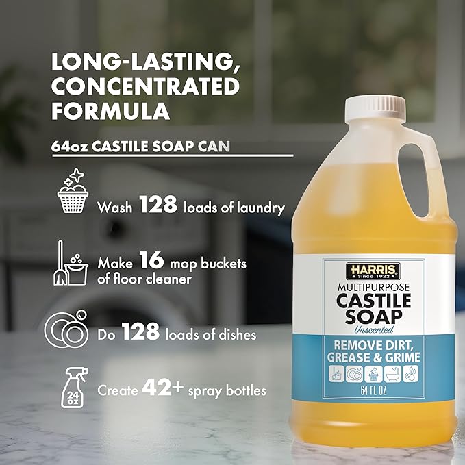 HARRIS Multi-Purpose Pure Castile Soap, Made with Olive, Coconut, and Pine Tree Oil, Uses for Cleaning Face, Body, Hand, Hair, Home, Dishes, and Laundry