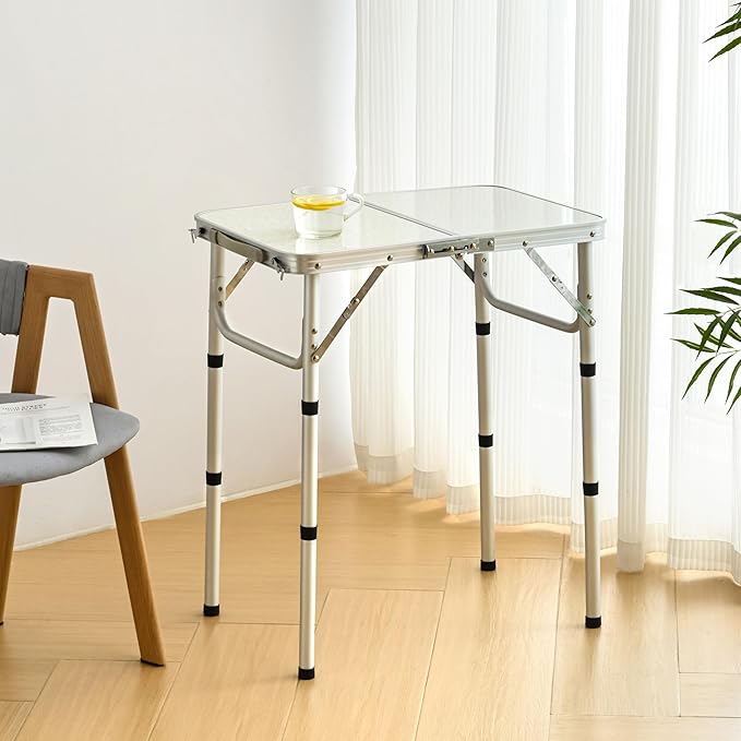 Folding Table Small, 24''L x16''W Camp Aluminum Table with Adjustable Height Legs, Indoor Outdoor Lightweight Portable Folding Aluminum Dining Table for Picnic Camping 2-Feet（10"/19"/27）