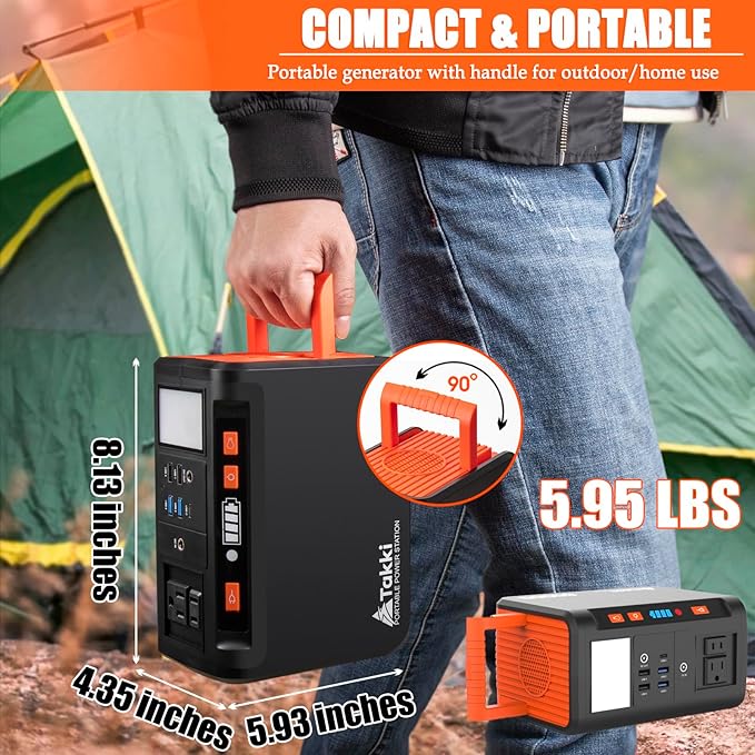 Takki 250W Portable Power Station 222Wh Camping Backup Lithium Battery with Pure Sine Wave AC Outlet 110V Solar Generator for Camping CPAP Home Use Backup Emergency Laptop
