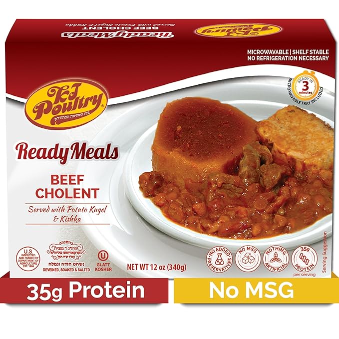 KJ Poultry Kosher Ready Meals - Beef Chulent & Kugel, MRE Meat Meals Ready to Eat, Shabbos Food (1 Pack) Prepared Entree Fully Cooked, Shelf Stable Microwave Dinner Travel, Military, Camping, Survival