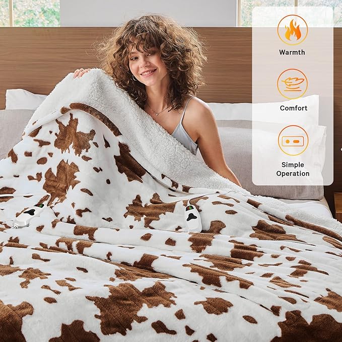 Cow Print Heated Electric Blanket Full Size,72X84 Brown Heating Blanket with 10 Heats Levels & 8 Hours Auto Off,Highland Cow Decor Fleece Sherpa Blankets Warmer Gifts for Women Adults,Washable,ETL