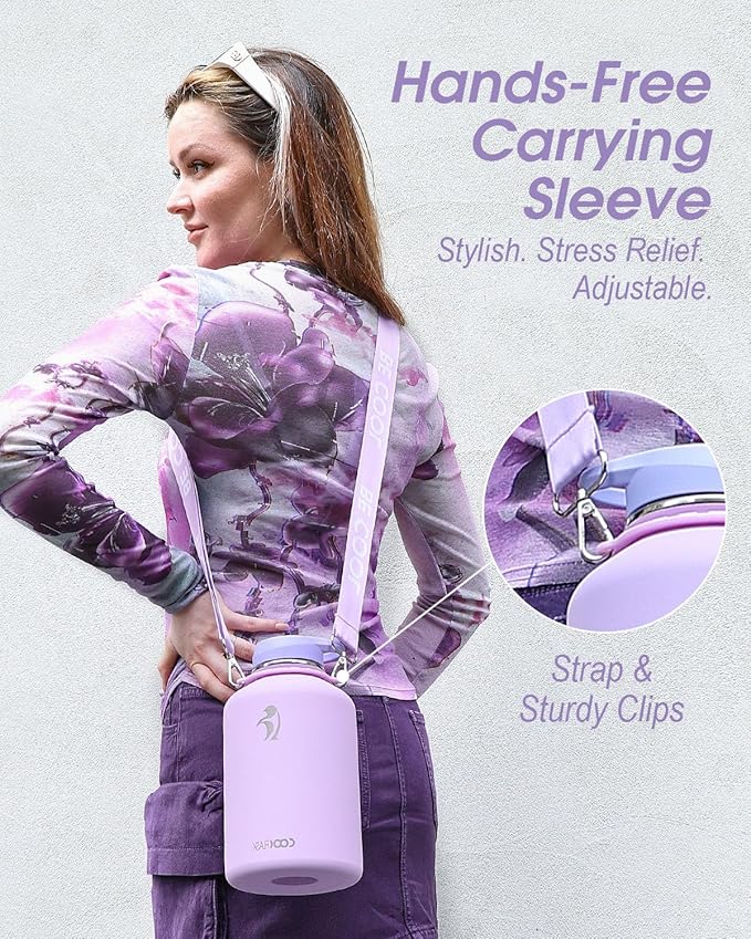 Coolflask Half Gallon Water Bottle with Strap, 64oz Insulated Water Jug Stainless Steel with Straw & Spout Lids, Metal Large Water Flask, Keep Cold 48h Hot 24h, Leak Proof & Non-BPA, Lavender