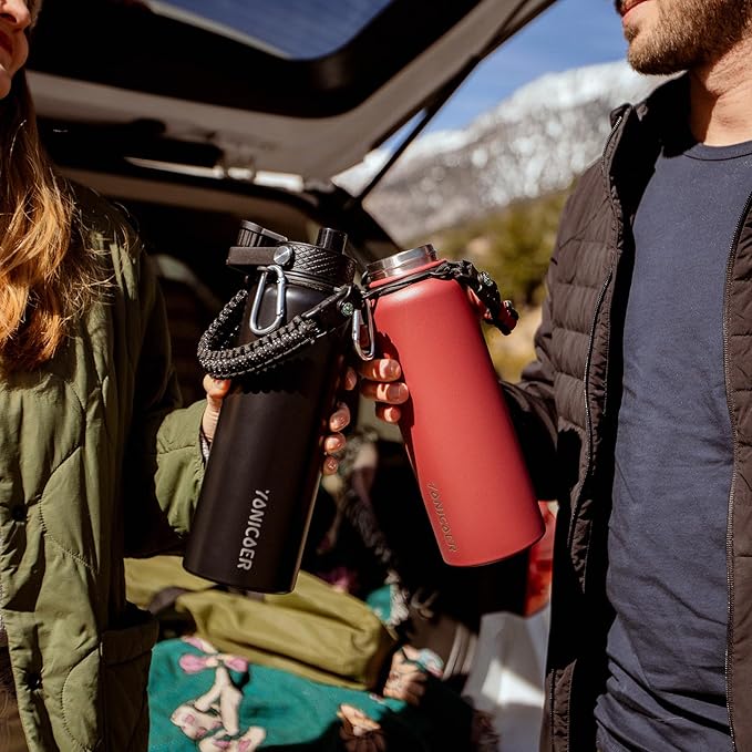 Insulated Water Bottle 40oz,Triple Wall Vacuum Stainless Steel(Dishwasher Safe),Leak Proof & Non-BPA,Flask Jug with Paracord Handle & Straw Spout Lids Sports Sakura