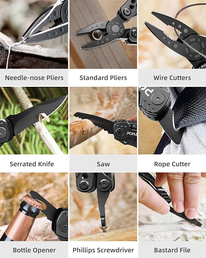 Pohaku Multitool Knife, Pohaku 13 in 1 Pocket Multitool, Multi Tool with 3" Large Blade, Safety Locking Design, Spring-Action Plier, Durable Nylon Sheath for Outdoor, Camping, Fishing, Survival,Hiking