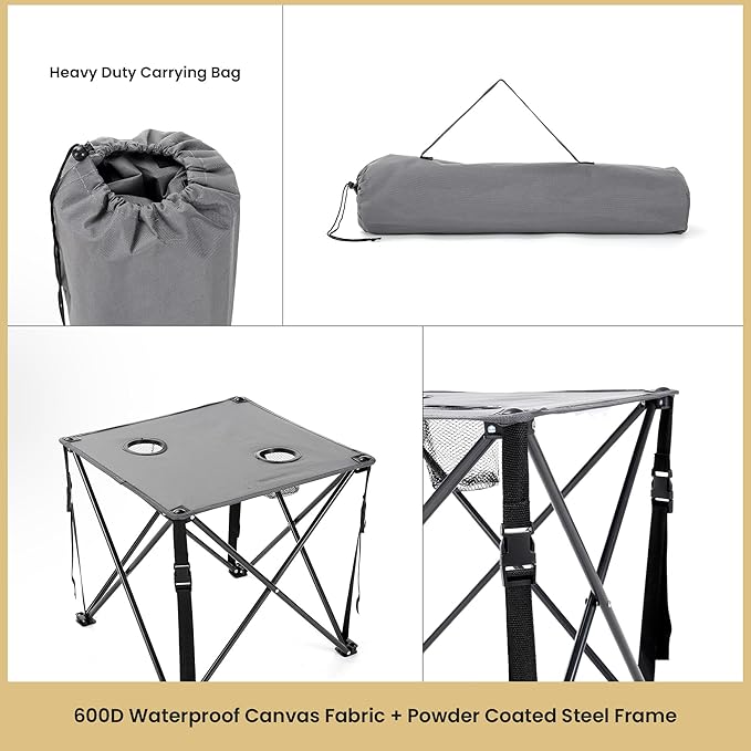 ARROWHEAD OUTDOOR 26” (66cm) Portable Camping Folding Table, 2 Cup Holders, Square, Carrying Case, Steel Frame, High-Grade 600D Canvas