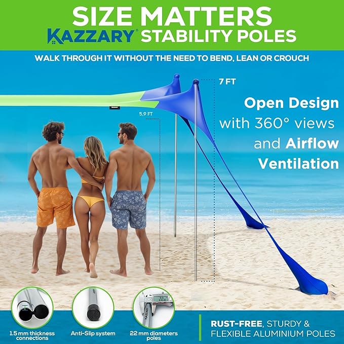 Beach Tent UPF50+ Sun Shade Canopy with Sandbags, 4 Stability Poles, Ground Pegs, Flying Disc Sand Shovel, Lightweight Sunshade Shelter, 7ft Tall for Outdoor Trips, Camping and Sports