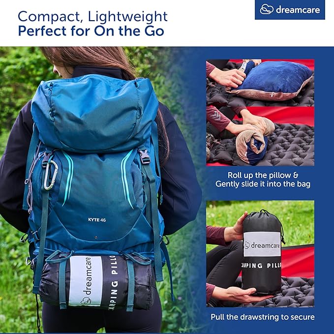 DREAMCARE Camping Pillow, Memory Foam Travel Pillow, Camping Accessories - Small Pillow Camping Essentials Camping Pillows for Sleeping, Backpacking Pillow, Travel Pillows for Sleeping (Medium,Blue)