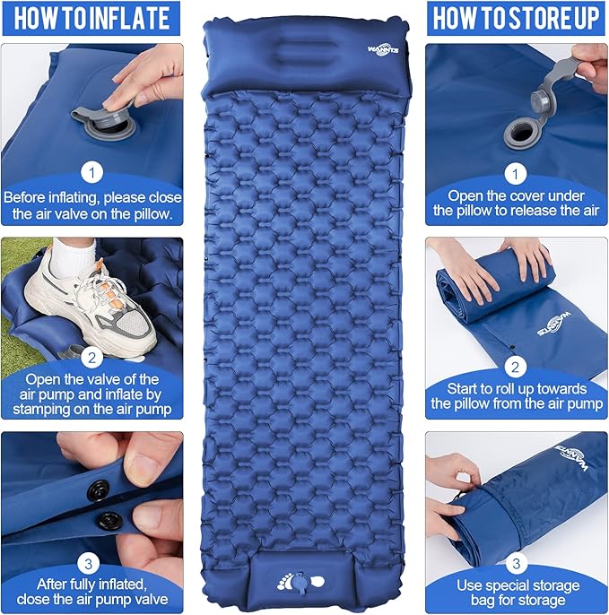 WANNTS Sleeping Pad, Ultralight Inflatable Sleeping Pad for Camping, Built-in Pump, Ultimate for Hiking - Airpad, Carry Bag,-Compact & Lightweight Camping pad(Blue)