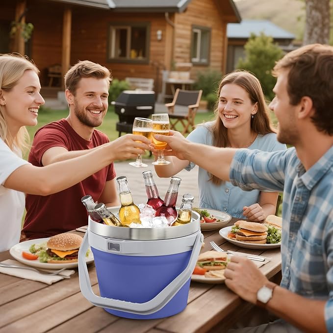 COKTIK 7L Vacuum Insulated Ice Bucket with Lid and Scoop& Tongs，Large capacity Stainless Steel Beverage Bucket for Cocktail, Champagne, Wine, Beer，Large Parties（Purple Suit）