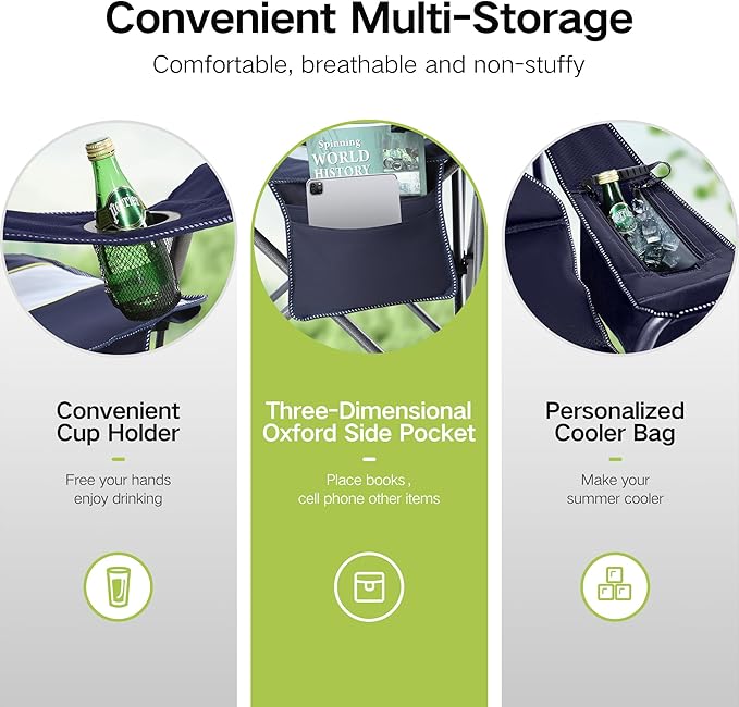 GREEN PARTY Folding Camping Chair Oversized Heavy Duty Lawn Chair with Cooler Bag, Cup Holder, Storage Pocket, Collapsible Padded Outdoor Arm Chair, Quad Lumbar