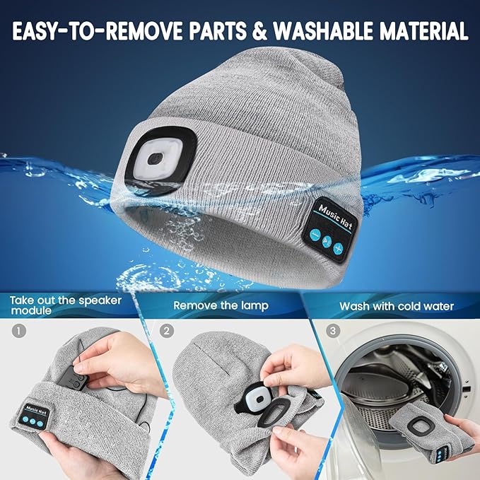 VIBELITE Bluetooth Beanie Hat with Light, USB Rechargeable LED Headlamp with Wireless Headphones, Gifts for Men, Him, Husband, Boyfriend, Grey