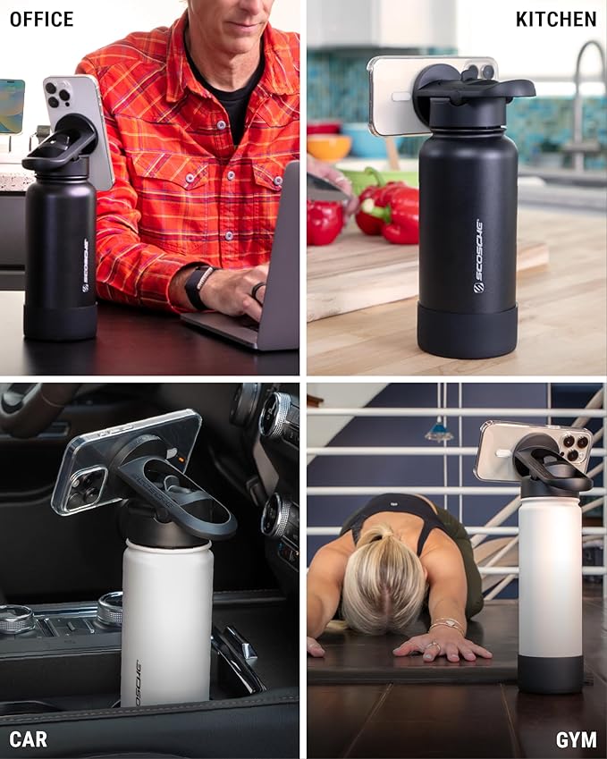 Scosche MFMS32 MagicMount Flask 32 oz Stainless Steel Water Bottle with MagSafe Phone Mount Stand, 12H Hot & 24H Cold, Insulated Flask with Magnetic Phone Holder for Gym, Travel, Sports, 32oz, Pink