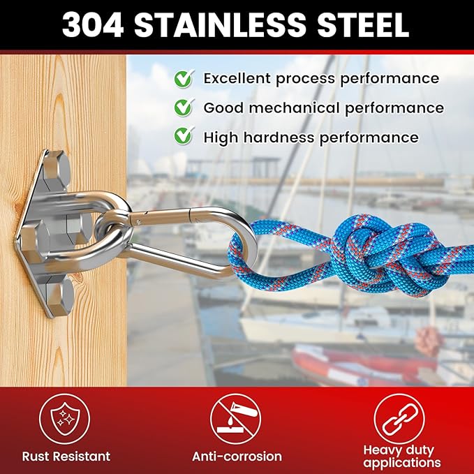 sprookber 304 Stainless Steel Pad Eye Snap Hooks, M10 Heavy Duty Ceiling Hooks, 1700lb Capacity Hammock Swing Hanging kit, Plant Hangers, Marine Hardware Staple Hook Loop with Screws, Set of 8