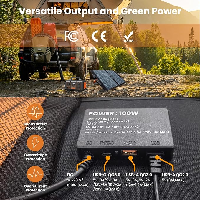 FlexSolar 100W Solar Charger IP67 Waterproof Foldable Panel w/QC3.0/USB-A/C & DC Ports (7909/5521/XT60/Anderson) for Camping, Emergency, Generators, Power Stations, Battery Packs