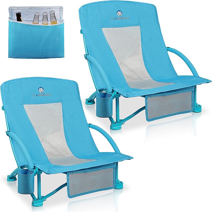 Beach Chairs for Adults 2 Pack,Heavy Duty Folding Low Back Camping Chairs w/Cooler Bag,Mesh Back,Cup Holder & Storage Bag,Compact Sling Chair for Lawn,Picnic,Travel,Blue
