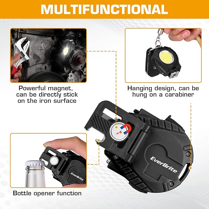 EverBrite Mini Hat Clip Light, Rechargeable Magnetic Keychain Work Light with Sensor Mode, 180° Rotatable Bracket, Bottle Opener, Clip Design - for Hiking, Camping, 6 Modes, Black