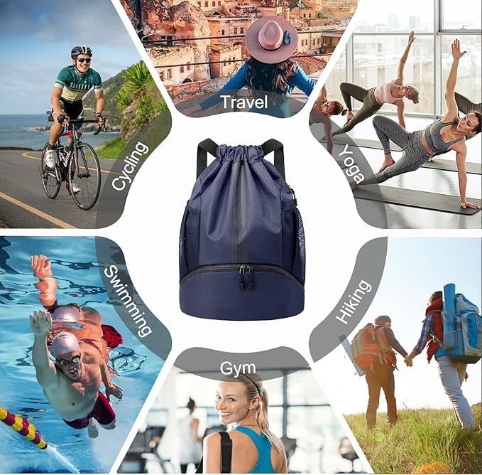 Hoedia Sports Drawstring Backpack - String Swim Gym Bag with Shoes Compartment and Wet Proof Pocket for Women and Men
