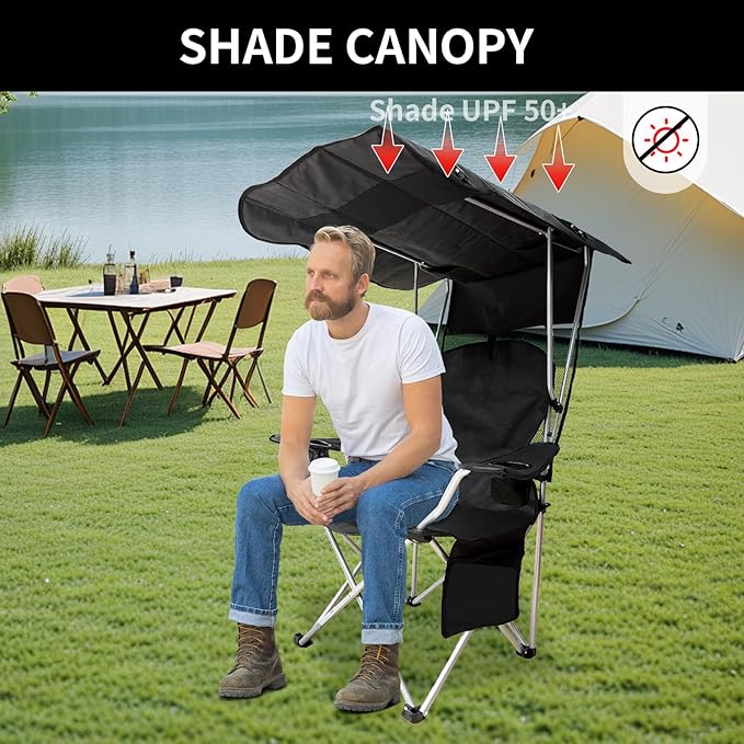 Portable Camping Chair with Canopy Shade- Folding Camping Lounge Chair with Cup Holder & Side Pocket for Outdoor Camping, Fishing, Beach - Support 330 LBS(BLACK-2PK)